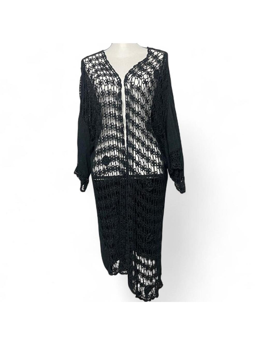 Lily 100% Silk Crochet Black Knit Open Front Cardigan Floral Embellishment Sz 2x